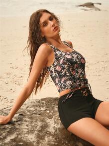 Elaire Floral Print Metal Eye Halter Tankini Crop Top And Metal Detail Shorts Tankini Set For Summer Beach Vacation - Multicolor - View 1