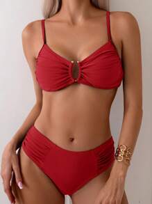 Swim Chiccia Women's Beach Vacation Solid Color Bikini Set For Summer - Red - View 9