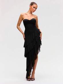 Lumalex Women's Black Elegant Summer Night Out Layered Ruffle Hem Corsage Dress,Semi-See-Through Graduation Cocktail Birthday Dresses For Wedding Banquet - Black - View 3