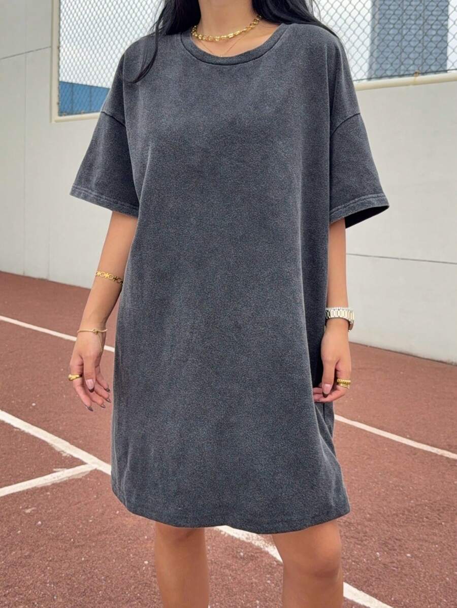 Muchica Black Snow Washed Oversized Short Dress For Women - Black - View 1