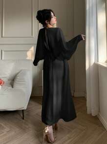 DAZY Vestido de fiesta de gasa hasta la pantorrilla para mujer, vestido de manga larga para primavera/otoño