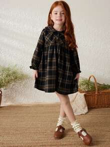 Blossori 女童休闲格子灯笼袖连衣裙，春/秋 - 黑色 - 查看 4