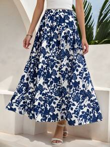 SHEIN Jupe longue décontractée pour les vacances à la plage, imprimé floral et végétal bleu et blanc, froncée, pour les adolescentes. Printemps et été