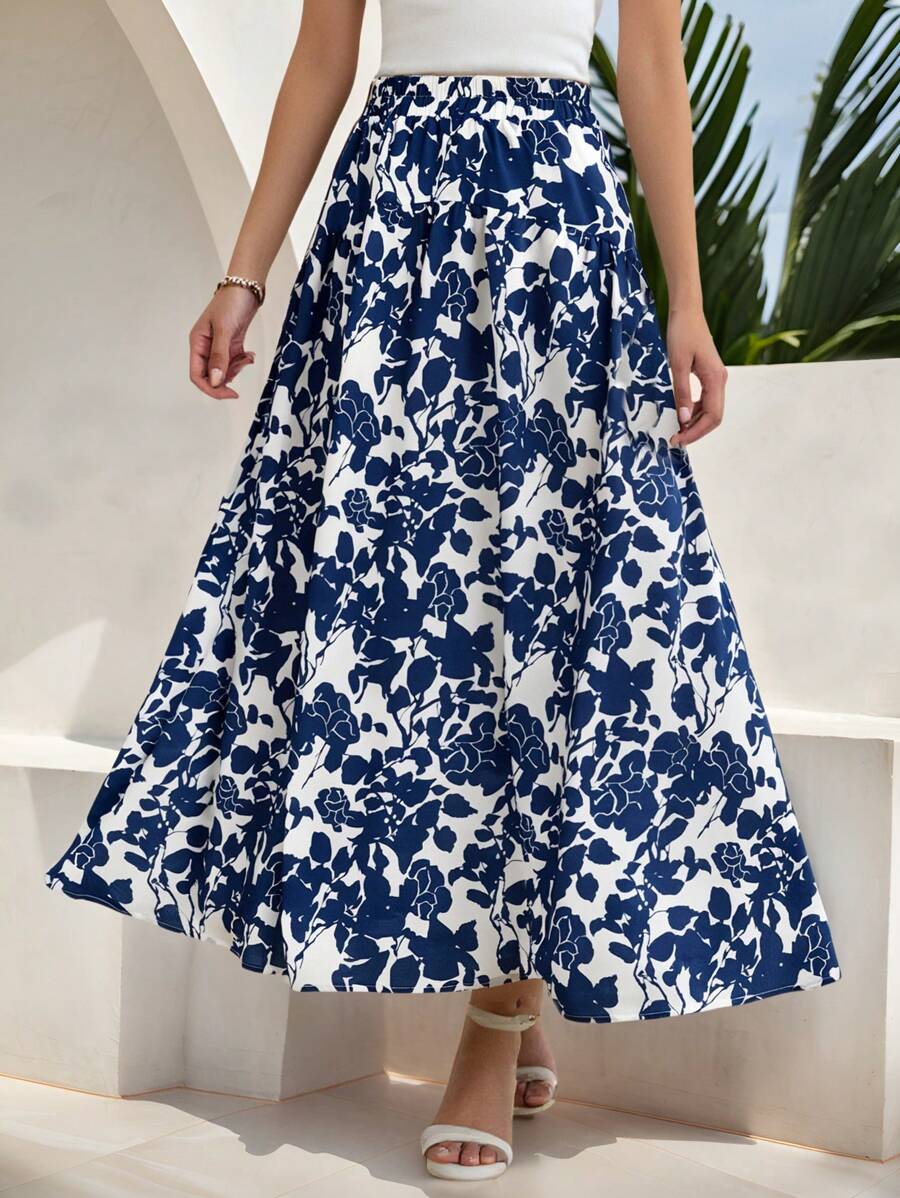 SHEIN Jupe longue décontractée pour les vacances à la plage, imprimé floral et végétal bleu et blanc, froncée, pour les adolescentes. Printemps et été