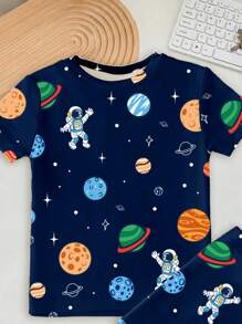 SHEIN 男宝宝休闲可爱宇航员太空人图案贴身透气短袖连体衣 适合春夏季 - 彩色 - 查看 3