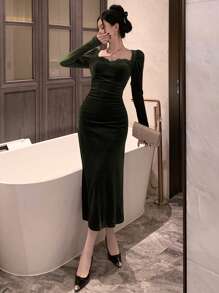 DAZY Đầm ren màu trơn dành cho nữ, đầm dự tiệc đi học, đầm thanh lịch mùa thu, đông. - màu xanh lá - Xem 4