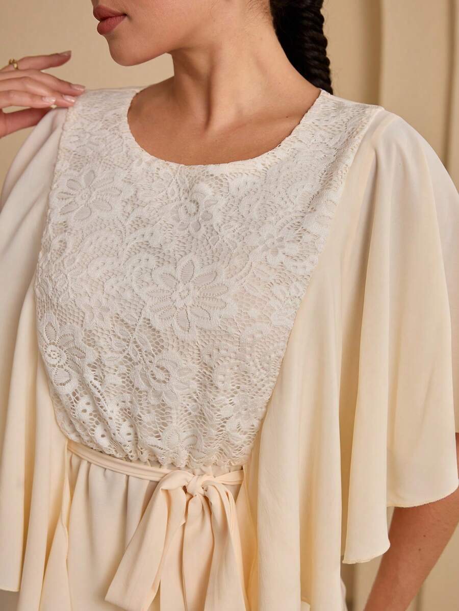 Seusyu Women's Lace Insert Round Neck Batwing Sleeve Belt Blouse - Multicolor - View 1