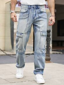 Manfinity Homme Men's Casual Washed Blue Slim Fit Cargo Jeans - Light Wash - View 1