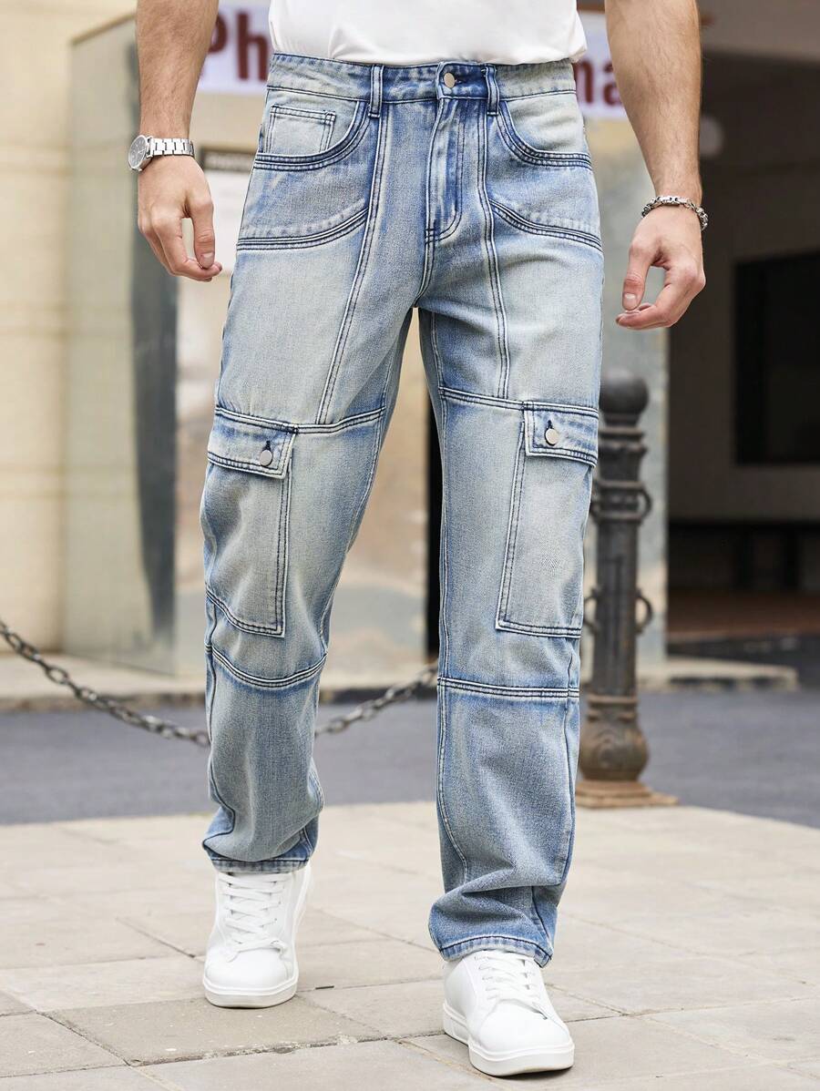 Manfinity Homme Men's Casual Washed Blue Slim Fit Cargo Jeans - Light Wash - View 1