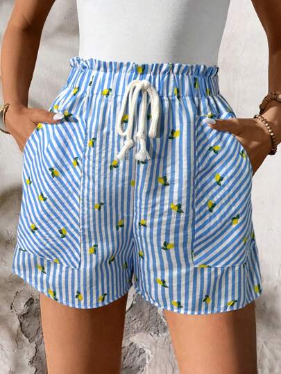 SHEIN LUNE Women's Summer Blue & White Striped Elastic Waist Double Pocket Shorts
