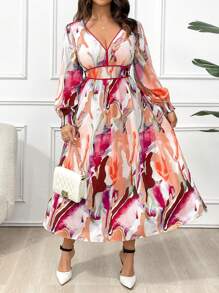 SHEIN Clasi Plus Allover Print Lantern Sleeve Dress For Dailywear Maxi Women Outfit Fall Cloth For Women