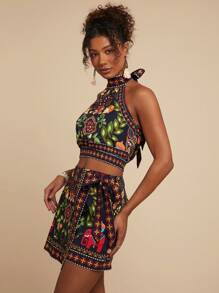 Travachic 女式梭织印花露背镂空上衣 - 黑色 - 查看 6