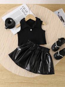 2 件套女婴幼儿 0-3 岁春夏时尚街头服饰罗纹针织无袖 Polo 衫和蝴蝶结裙 2 件套服装，黑色
