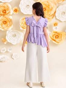 SHEIN Leap Crew 女童编织可爱不对称荷叶边刺绣蝴蝶结装饰衬衫和休闲优雅喇叭裤两件套，薰衣草色，适合春季外出、度假、花园茶会、休闲外出