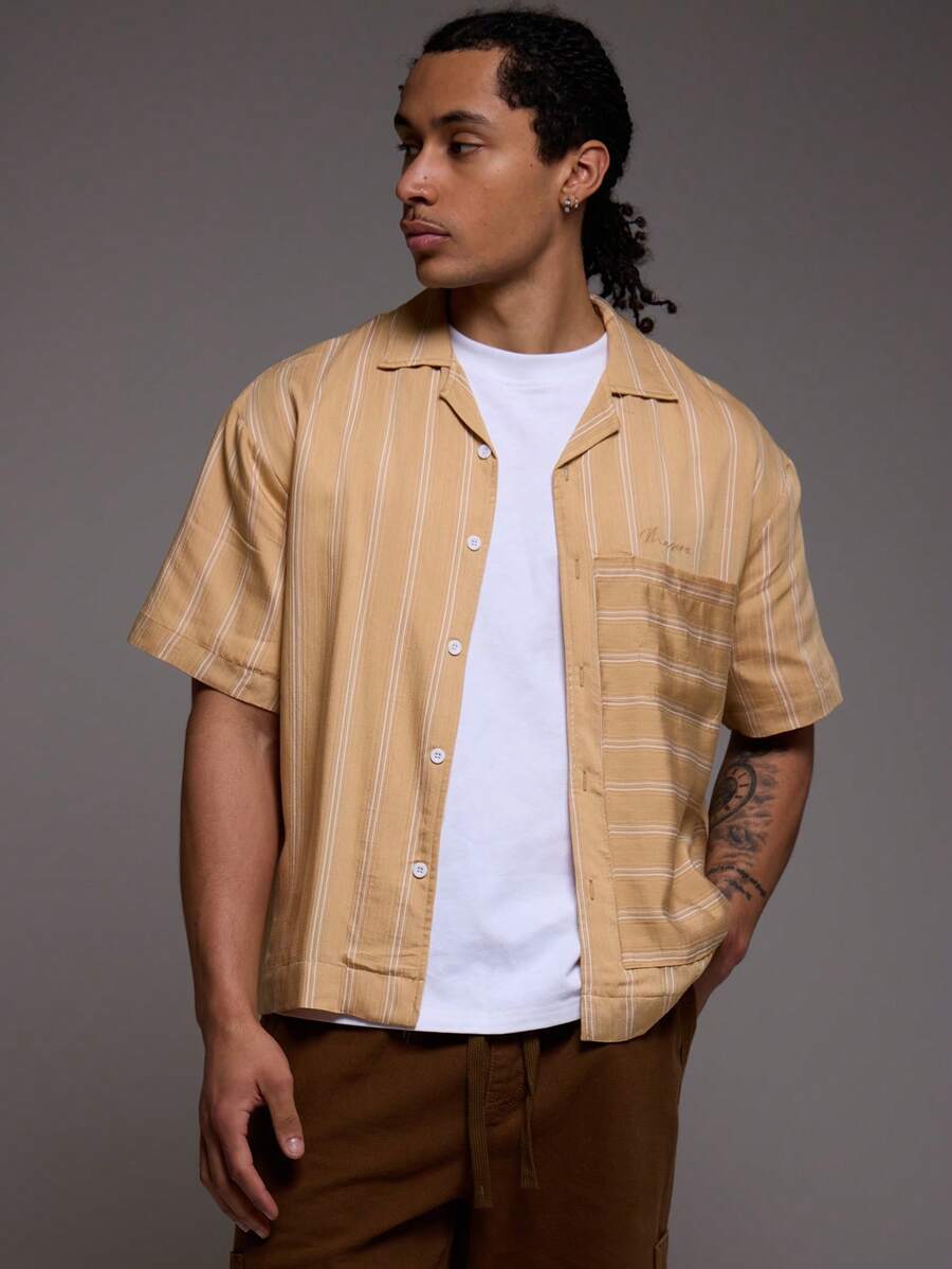 Musero Camisa de manga corta con botones, cuello de solapa y rayas de contraste, de corte holgado, esencial para primavera y verano - Multicolor - Ver 1