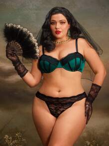 PinupGlam Sujetador glaseado de satén de talla grande con parches de encaje en estilo romántico vintage