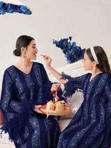 Al Najma Women's Pattern Patchwork Fluffy Cuff Loose Arabic Style Dress - Navy Blue - View 3