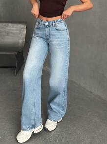 EURMUSE Jeans rectos y holgados con bolsillos, de uso casual y versátil para mujeres - Lavado ligero - Ver 3