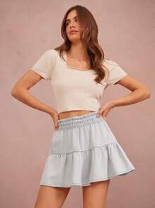 WESTFADE Western Cowgirl Ruffle Smocked Waist Tiered A Line Mini Skirt Summer Vacation - Light Wash - View 2