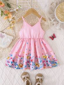 SHEIN Baby Girl Vacation Floral Print Casual Strap Dress Girls Summer Dress Toddler Girl Dress Summer Baby Girl Summer Dress - Pink - View 2