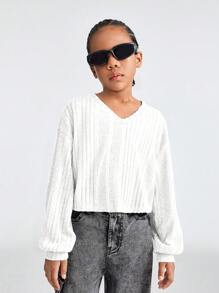 SHEIN Camiseta corta de punto acanalado con cuello en V y hombros caídos para niña preadolescente en Acción de Gracias - Blanco - Ver 1