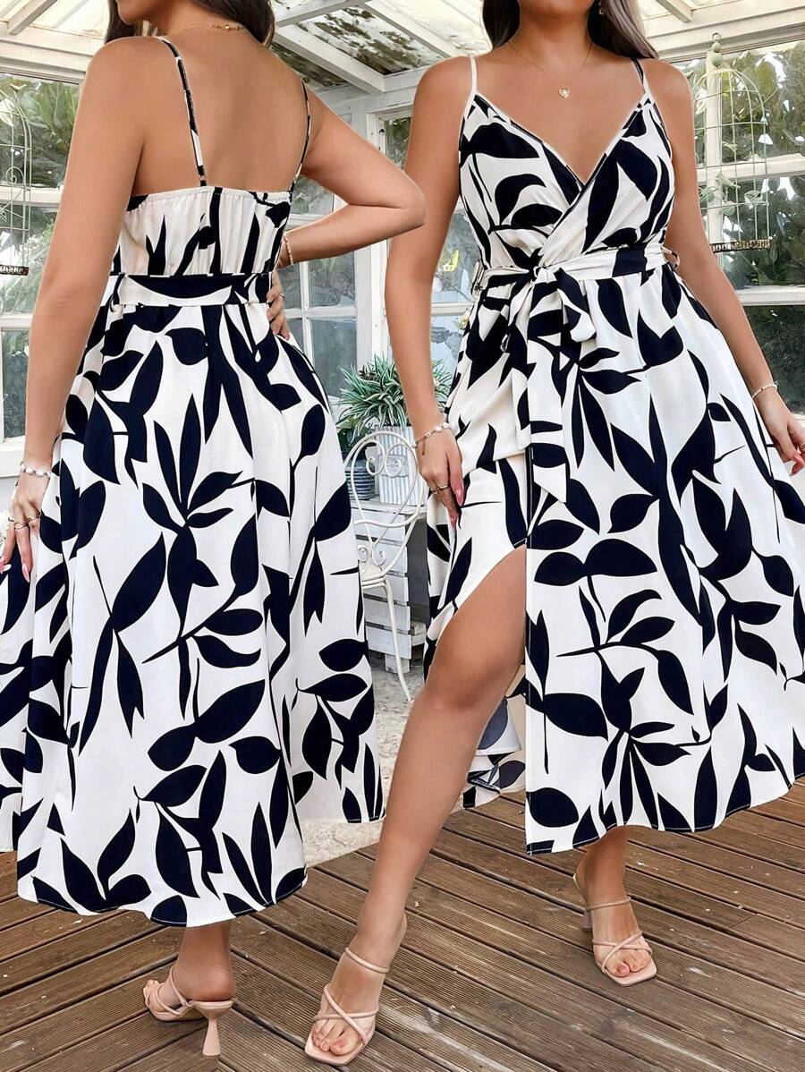 Breezaya Plus Size Floral Print Crossover V-Neck Waist Tie A-Line Slip Dress - Multicolor - View 1