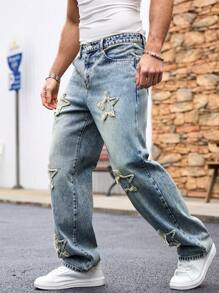 Manfinity Roughcore Men's Casual Modern Light Wash Denim Jeans With Star Appliques And Zipper Detail - Light Wash - View 3