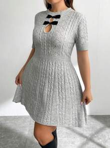 SHEIN Privé Plus Size Elegant Commute Workplace Intelligent High-End Venue Afternoon Tea Slightly Sexy Date Concert Party Round Neck Chest Bow Decor Cable Knitted Short Sleeve A-Line Academy Style Dress - Grey - View 8