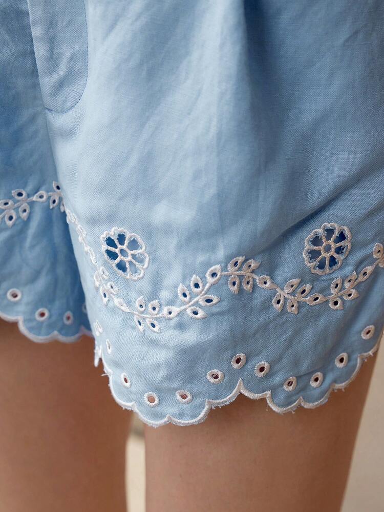 LINEN FLORAL EMBROIDERY SHORTS