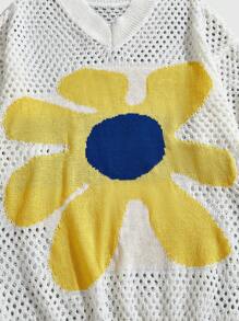 ROMWE MEN Men's Casual Daisy Floral V-Neck Short Sleeve Hollow Knitted Top, Spring/Summer Vacation - White - View 5
