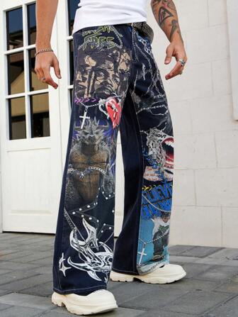Street Life Men's Hip Hop Fashionable Loose Printed Denim Jeans
