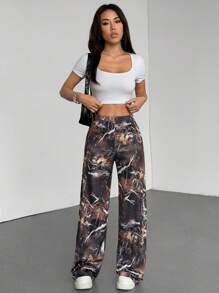 SHEIN Unity Printed Knit Casual Sweatpants, Minimalist Style Suitable For Daily Wear Fall Cloth For Women - Multicolor - View 4