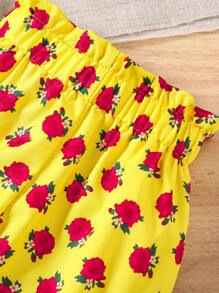 2pcs/Set Young Girl Floral Print Round Neck Short Sleeve T-Shirt And Pants, Casual Outfit