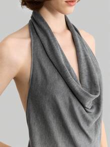 Ontre Women's Elegant Sexy Solid Color Halter Plunge Neck Backless Knit Top