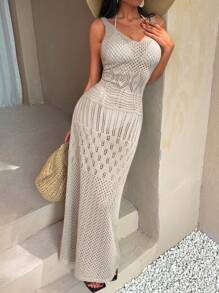 RueChic Boho Knit Spaghetti Strap Maxi Dress - Summer Beachwear Cover-Up - Camel - View 6