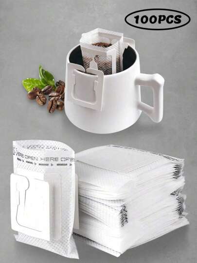 100 件带挂耳设计的便携式咖啡过滤袋，一次性滴滤咖啡滤纸袋单份，倒入咖啡过滤器，兼容各种咖啡杯/餐具，适用于旅行、露营、家庭、办公室学校用品，