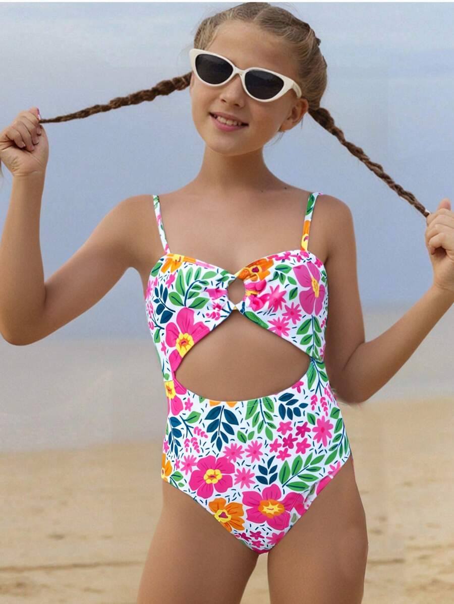 Tween Girl 度假植物印花镂空细肩带连体泳衣带罩衫裙套装，海滩装 - 彩色 - 查看 1