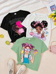 SHEIN Leap Crew Tween Girls 休闲卡通图案 T 恤，多件装，适合夏季