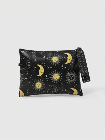 Fairycore 1 pieza Bolso de mano con estampado de sol y luna y decoración con remaches para mujer