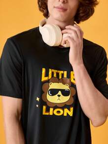 男式休闲时尚印花圆领短袖家居服上衣 - 黑色 - 查看 3