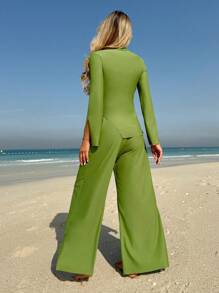 SHEIN Swim Mulvari Women's Solid Color Long Sleeve Bikini Top, Minimalist & Fashionable For Summer - Olive Green - View 2