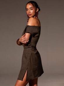 Athîral Summer Fashionable Solid Color Asymmetric Neck Side Split Mini Dress - Coffee Brown - View 4
