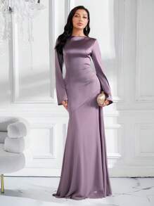 Veilorie Abito elegante da donna a sirena con maniche a sbuffo, di colore unito, ispirazione araba