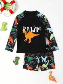 Fantacosmos Young Boy Cute Dinosaur Print Black Long Sleeve Shorts Swimwear Set Boys Dinosaur Clothes Summer Holiday - Black - View 3