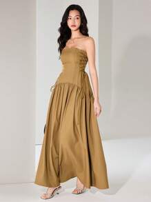 Modelyn Robe d'été élégante sans bretelles avec nœud à la taille, couleur kaki jaune. Robe de cocktail pour mariage, tenue d'été modeste pour femmes, dos nu et sexy - Kaki - Voir 6