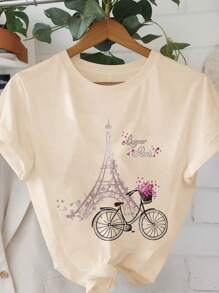 Calvaya 大码浪漫埃菲尔铁塔自行车印花休闲短袖 T 恤，Bonjour Paris 图案 T 恤女式上衣