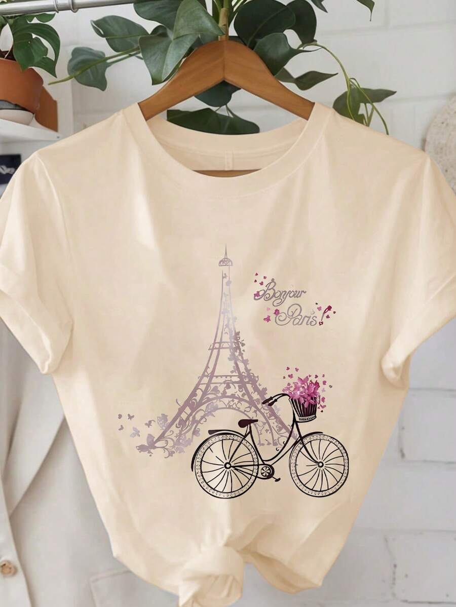 Calvaya 大码浪漫埃菲尔铁塔自行车印花休闲短袖 T 恤，Bonjour Paris 图案 T 恤女式上衣