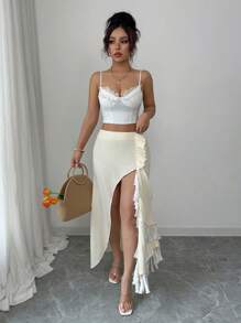 Elenzga 杏色皱褶荷叶边下摆优雅浪漫女式半身裙 - 杏色 - 查看 3