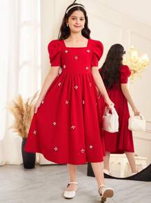 Tween Girls 优雅珍珠串珠方领羊腿袖荷叶边下摆纯色缎面派对礼服，适合婚礼、生日、派对