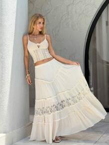 Sunnyshic Apricot Pleated Lace Trim Skirt, Minimalist & Fashionable, Suitable For Summer - Apricot - View 3